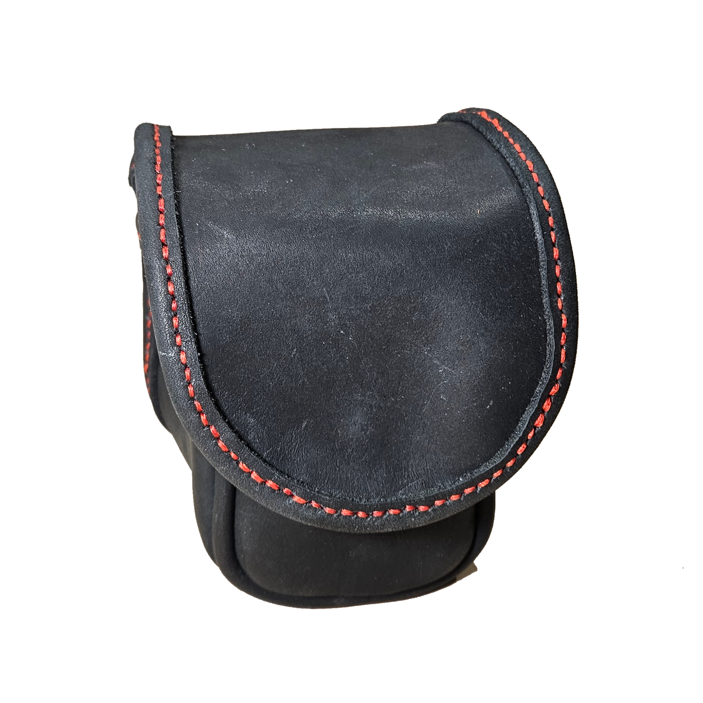 Black leather pouch with red stitching on a white background