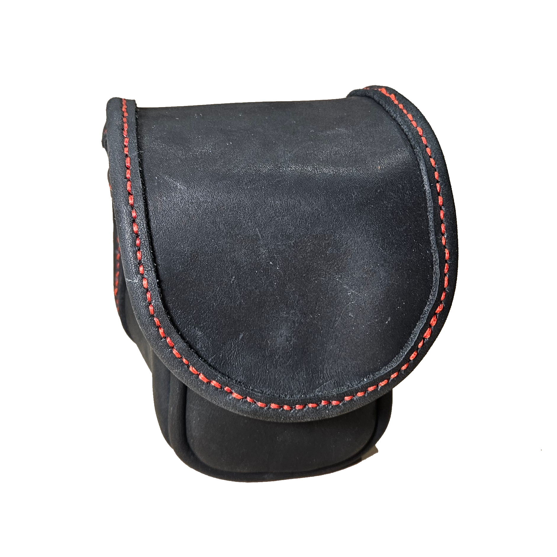 Black leather pouch with red stitching on a white background