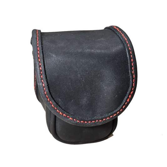 Black leather pouch with red stitching on a white background