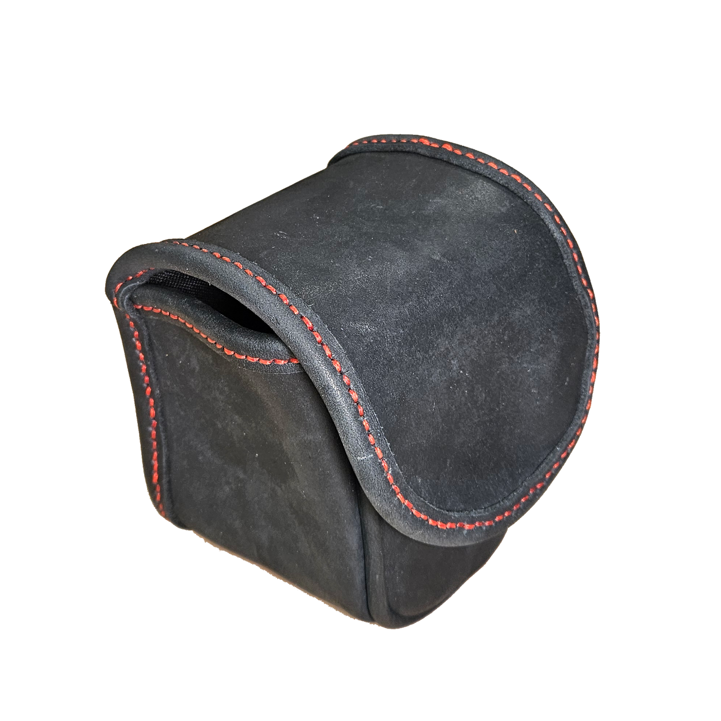 Black leather car cup holder cover with red stitching on a white background