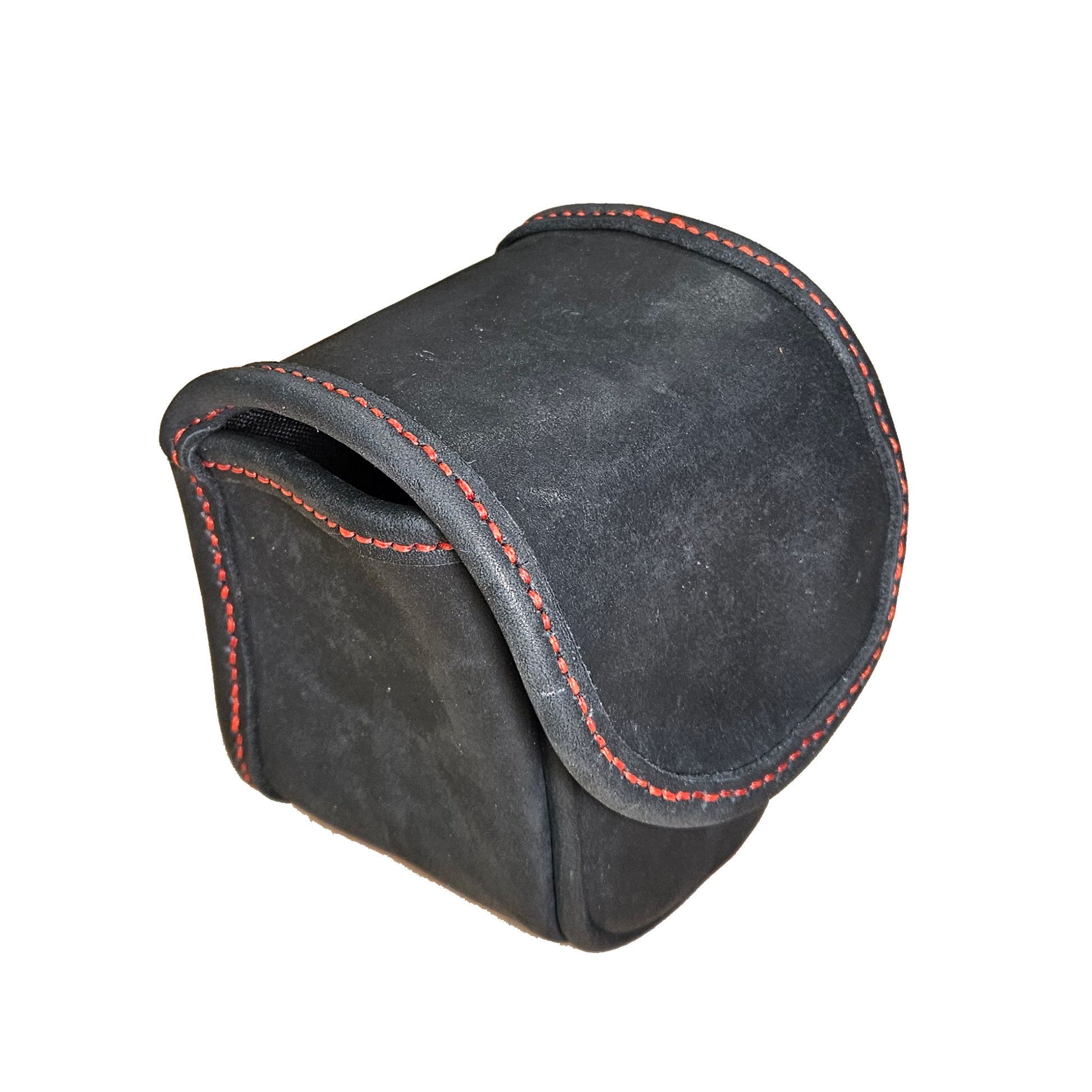 Black leather car cup holder cover with red stitching on a white background