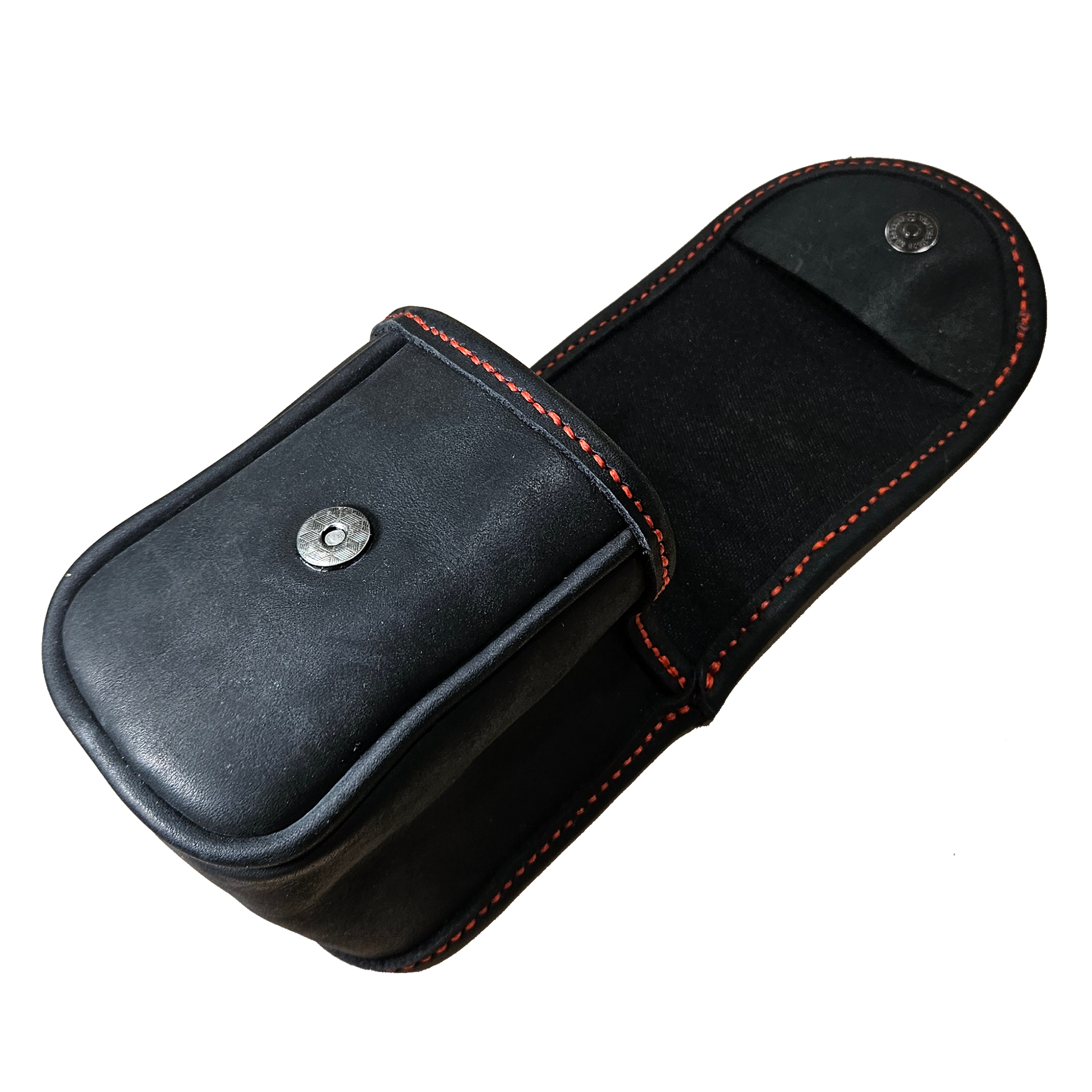 Black leather case with red stitching on a white background