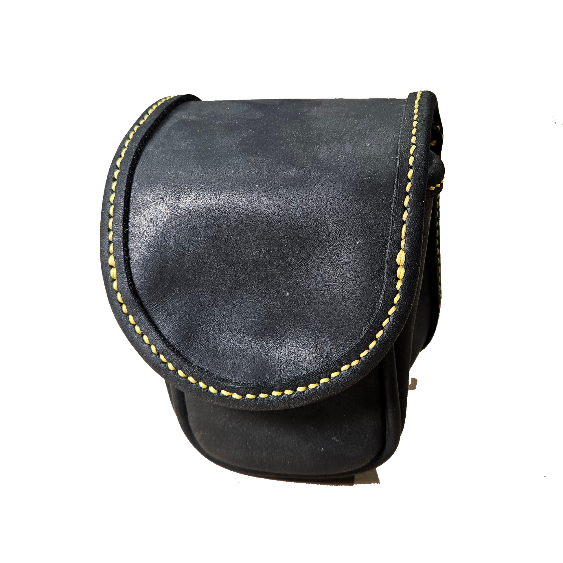 Black leather pouch with yellow stitching on a white background