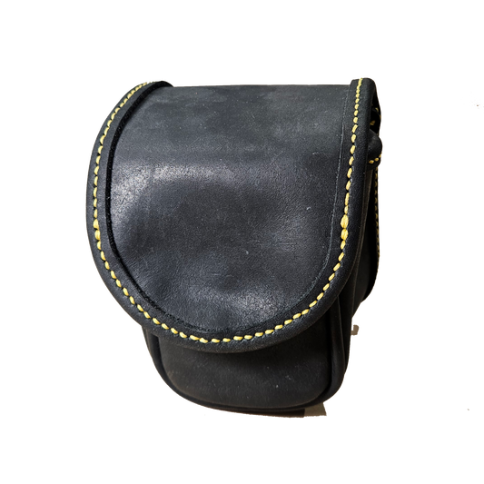 Black leather pouch with yellow stitching on a white background