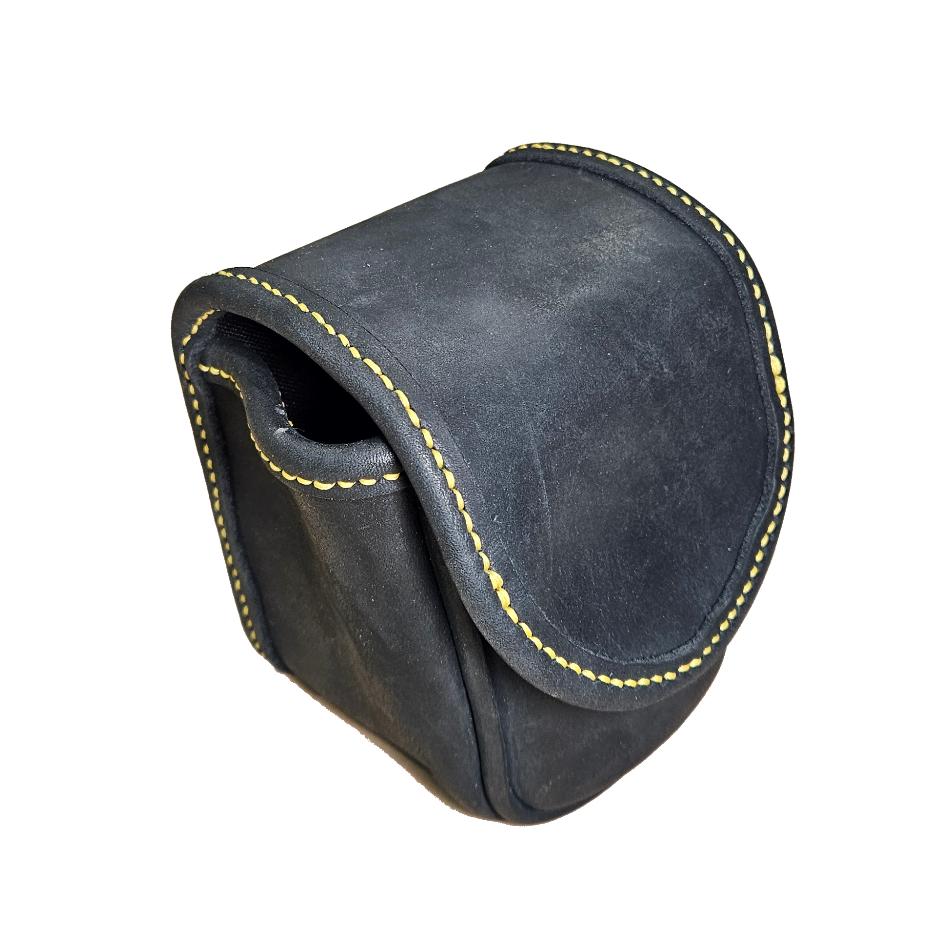 Black leather case with yellow stitching on a white background