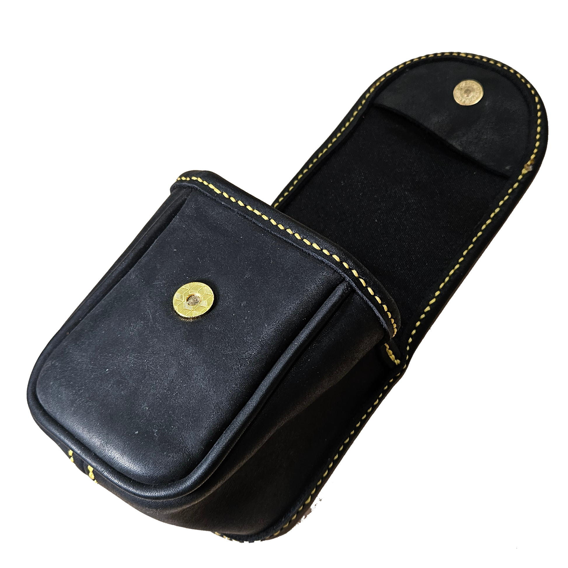 Black leather pouch with gold button on a white background